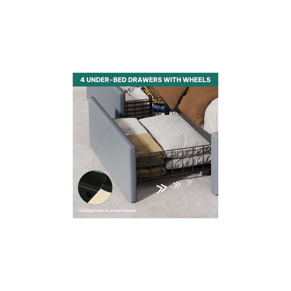 King Size Bed Frame with 4 Storage Drawers and RGB LED Lights