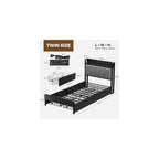 Bed Frame Twin Size with Charging Station and LED Lights, Upholstered Storage Headboard with 4 Drawers, Heavy Duty Metal Slats, Noise Free, Easy Assembly, No Box Spring Needed