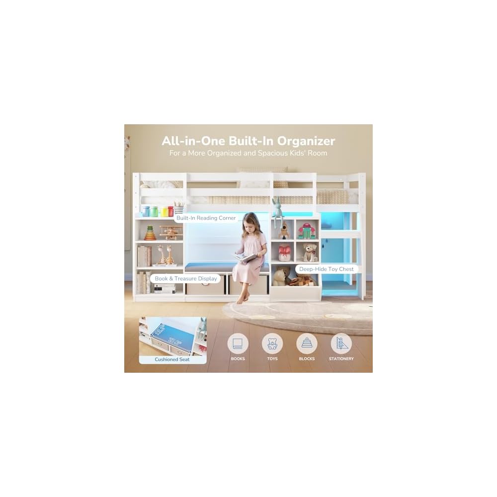 Low Loft Bed Twin Size with LED Lights, Wooden Kids Twin Loft Bed with Storage Bookcase, Toy Box, Reading Nook and Secret Play Space, Modern loft Bed with Stairs and Safety Guardrails for Boys Girls