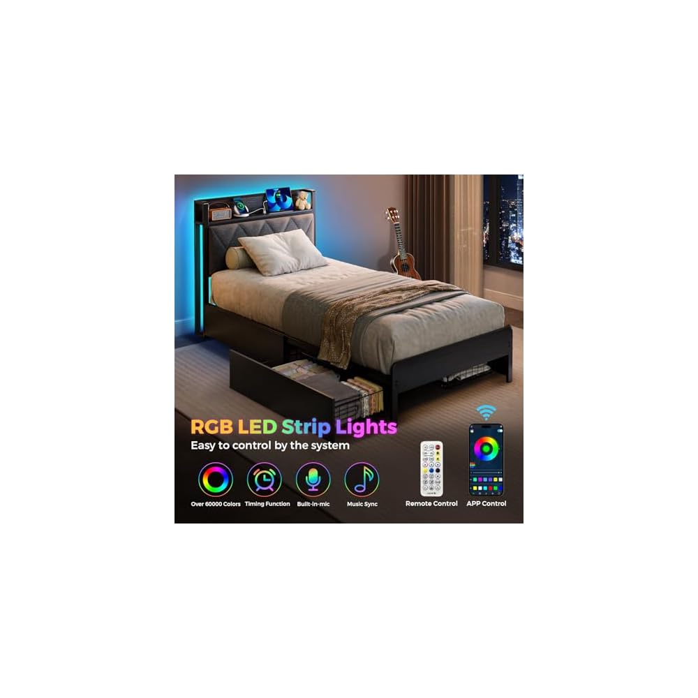 Bed Frame Twin Size with Charging Station and LED Lights, Upholstered Storage Headboard with 4 Drawers, Heavy Duty Metal Slats, Noise Free, Easy Assembly, No Box Spring Needed