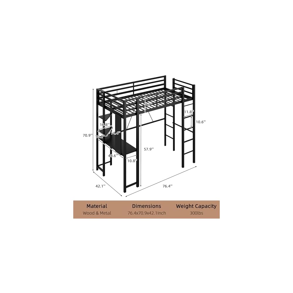 Twin Size Loft Bed with Desk, 13" Guardrails, Noise-Free, Black