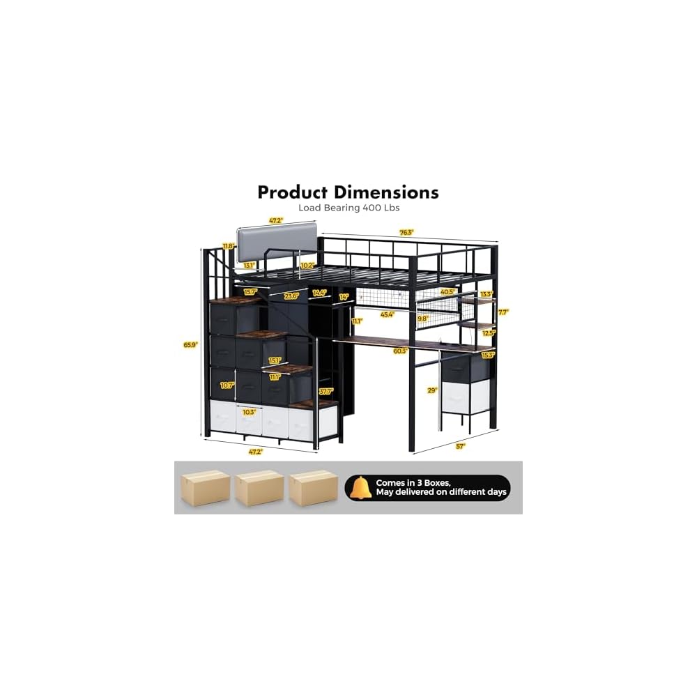 Full Size Loft Bed with Desk, Stairs & LED Light, Metal Gaming Loft Bed Frame with Headboard, Safety Guardrails, Charging Station, Closet & Fabric Drawers, Space Saving, Black & Burnt Wood