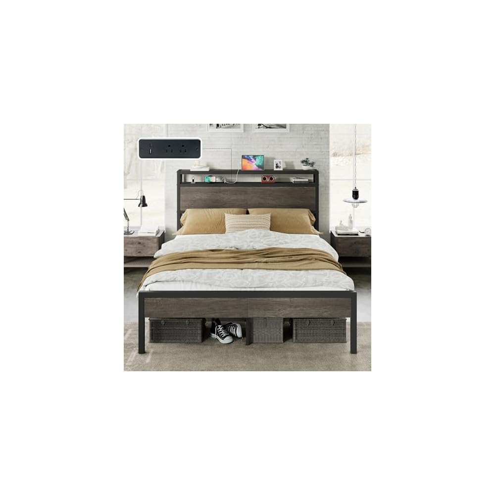 Full Size Metal Bed Frame with Charging Station
