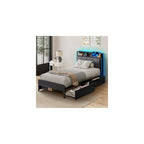 Bed Frame Twin Size with Charging Station and LED Lights, Upholstered Storage Headboard with 4 Drawers, Heavy Duty Metal Slats, Noise Free, Easy Assembly, No Box Spring Needed