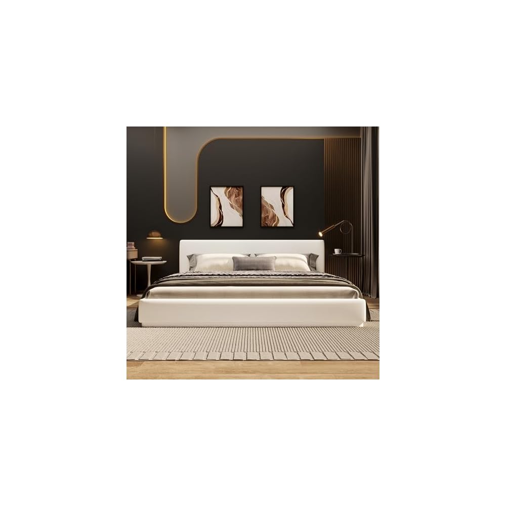 King Size Upholstered Bed with Velvet Fabric, Modern Upholstered Platform Bed with Headboard and Solid Frame for Bedroom, No Box Spring Needed, White
