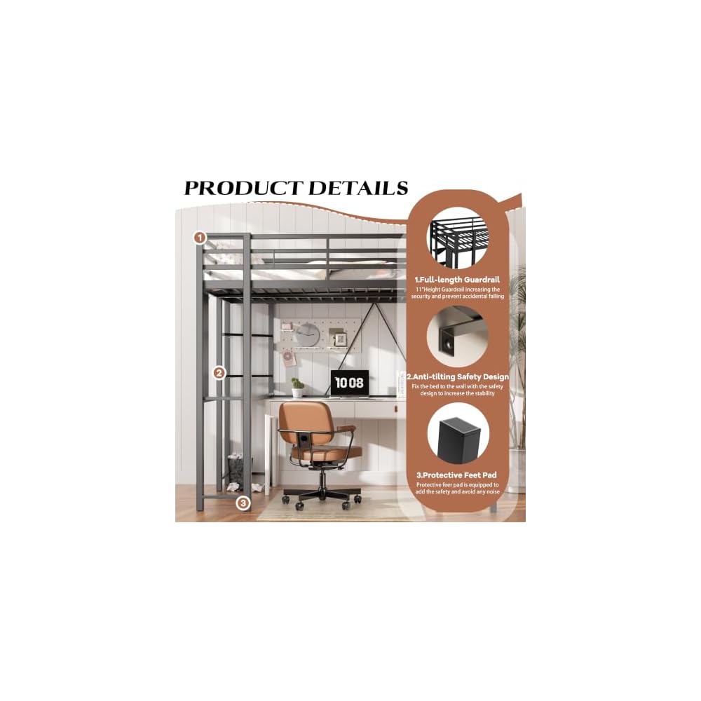 Loft Bed Full Size with Desk and Storage Shelves, Frame with 2 Side Ladders for Kids, Teens Adults, Spcace-Saving Noise-Free and Anti-tilt Design, Black