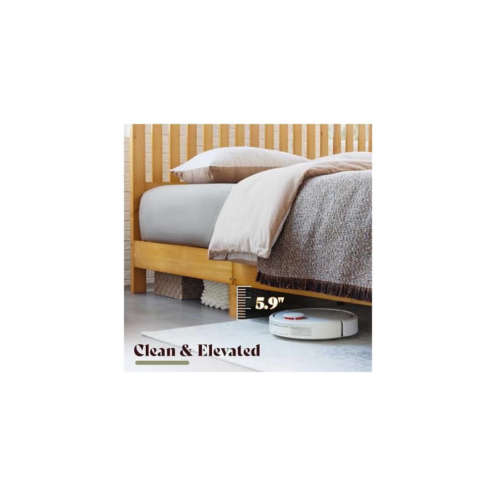 Solid Wood King Size Bed Frame with 46" Headboard, Light Wood