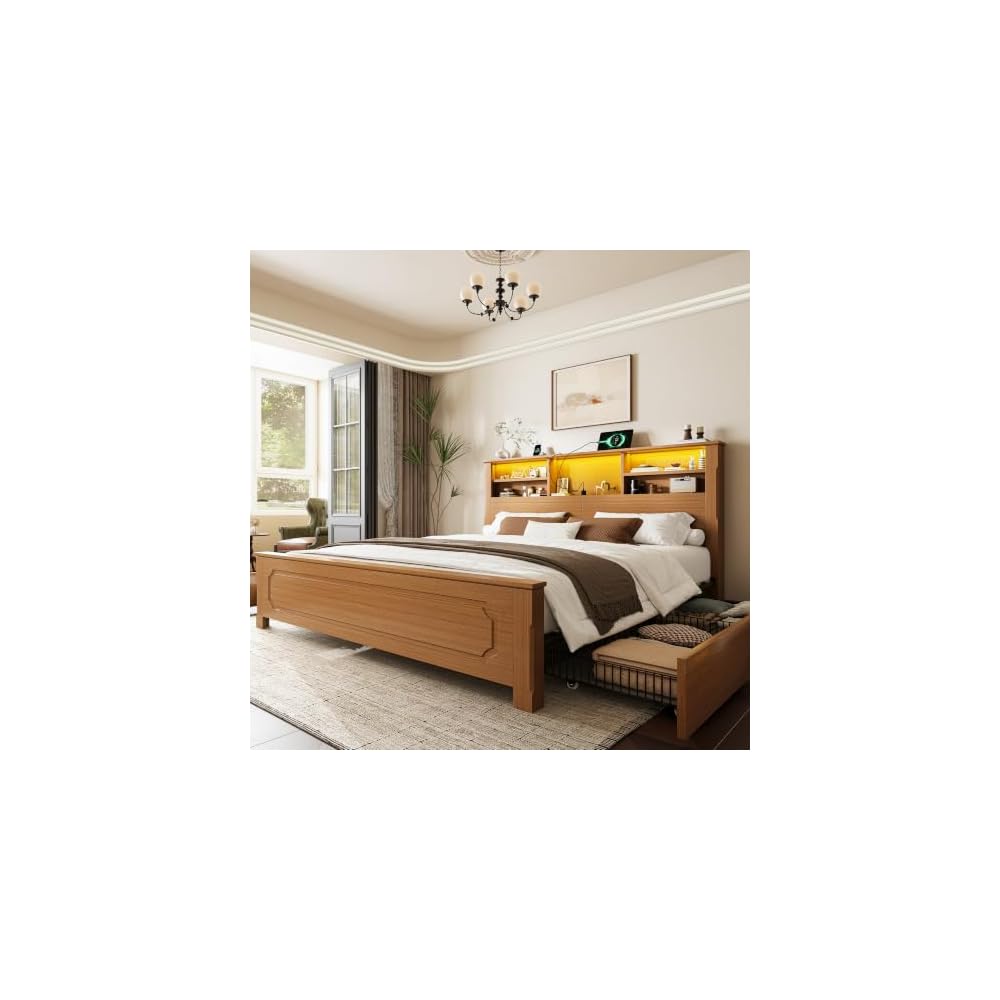 Queen Bed Frame with Headboard and Storage,4 Drawers,Brown