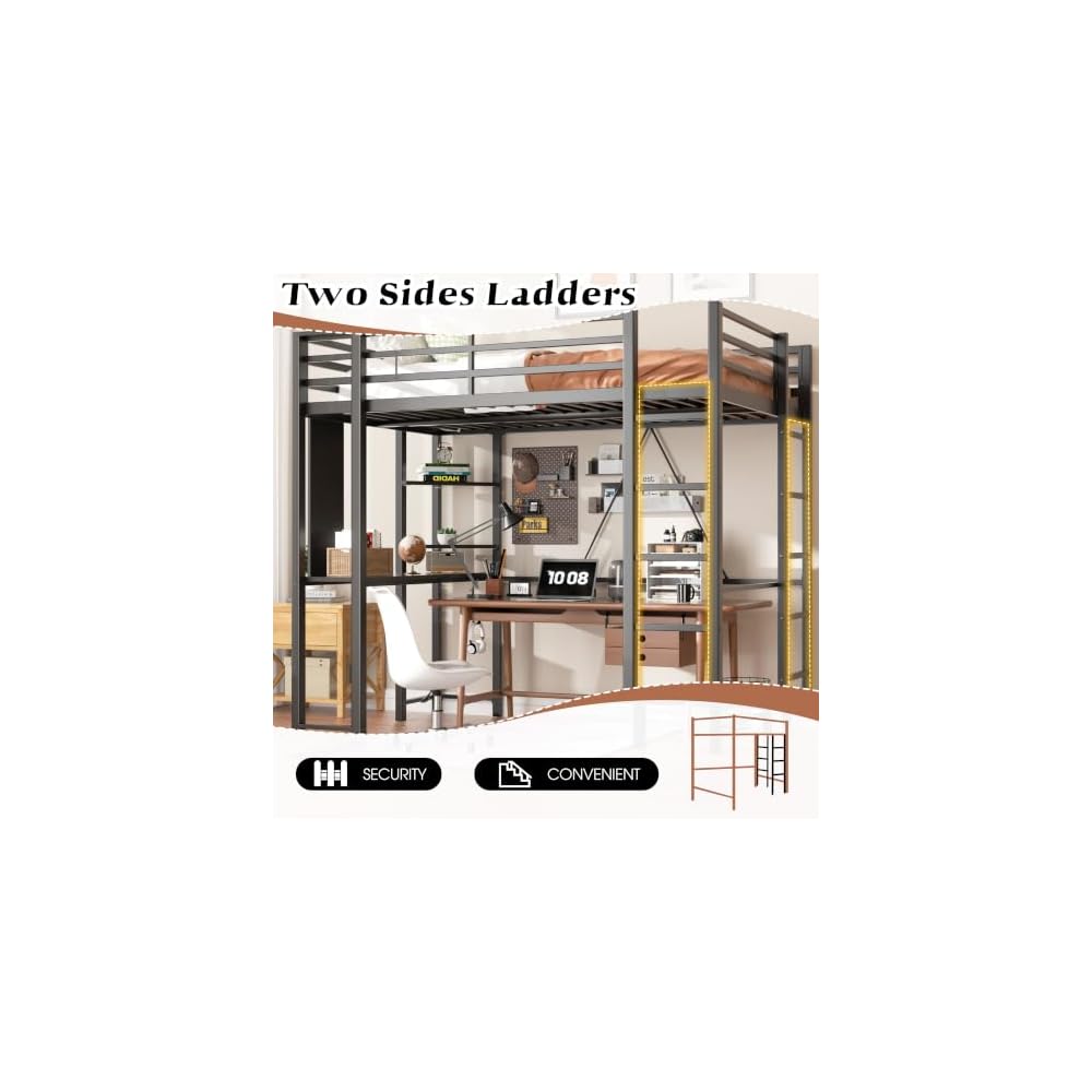 Loft Bed Full Size with Desk and Storage Shelves, Frame with 2 Side Ladders for Kids, Teens Adults, Spcace-Saving Noise-Free and Anti-tilt Design, Black