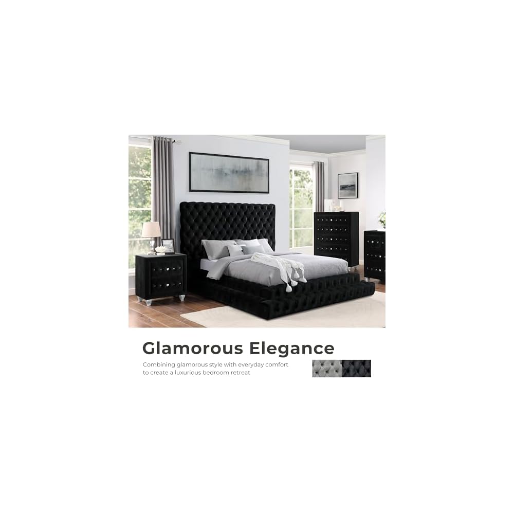 Sable Fabric Upholstered Step Up King-Size Platform Bed with Oversized Headboard, Deep Button Tufting, No Box Spring Required for Bedroom, Guest Room, Black