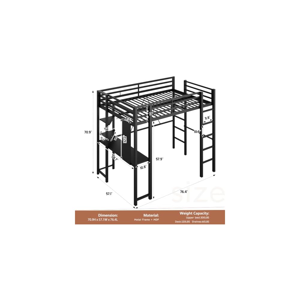 Loft Bed Full Size with Desk and Storage Shelves, Frame with 2 Side Ladders for Kids, Teens Adults, Spcace-Saving Noise-Free and Anti-tilt Design, Black