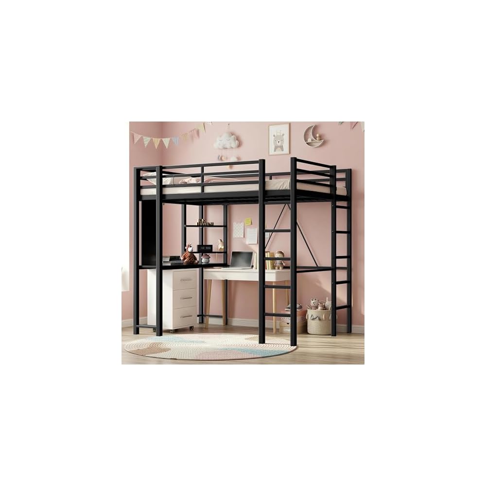 Twin Size Loft Bed with Desk, 13" Guardrails, Noise-Free, Black