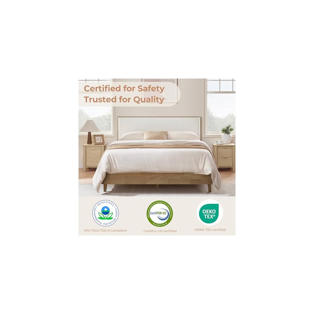 Queen Size Platform Bed Frame, with Boucle Upholstered Headboard, Oak