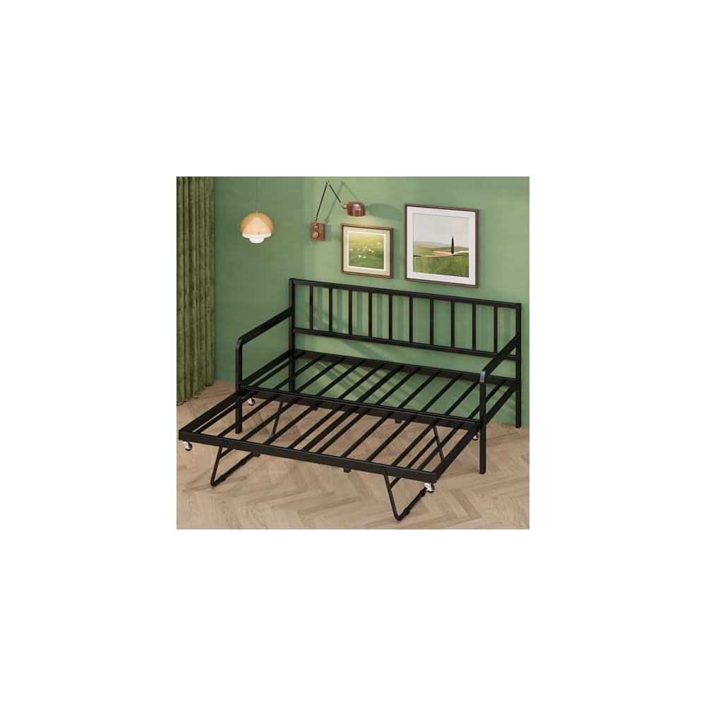 Twin Daybed with Pop Up Trundle, Metal Steel Slats, Black
