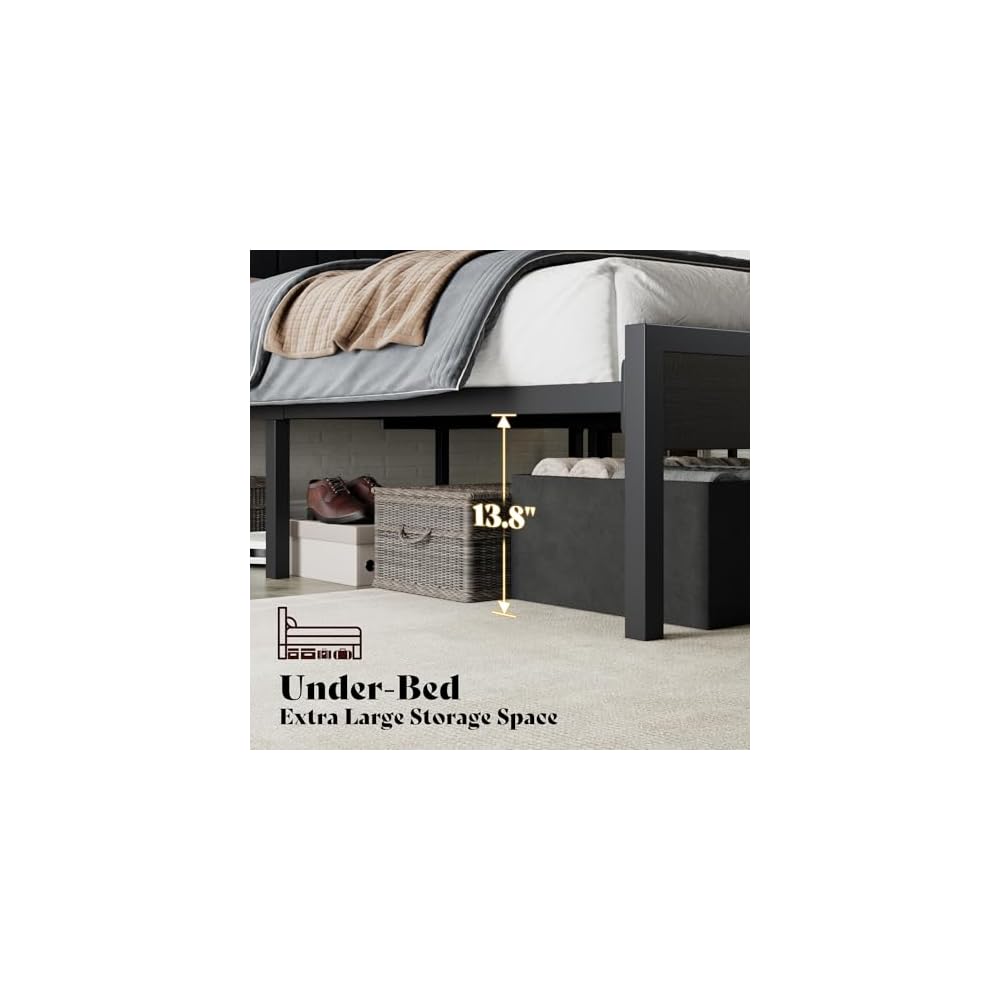 Full Bed Frame with LED Lights & 2-Tier Storage Headboard