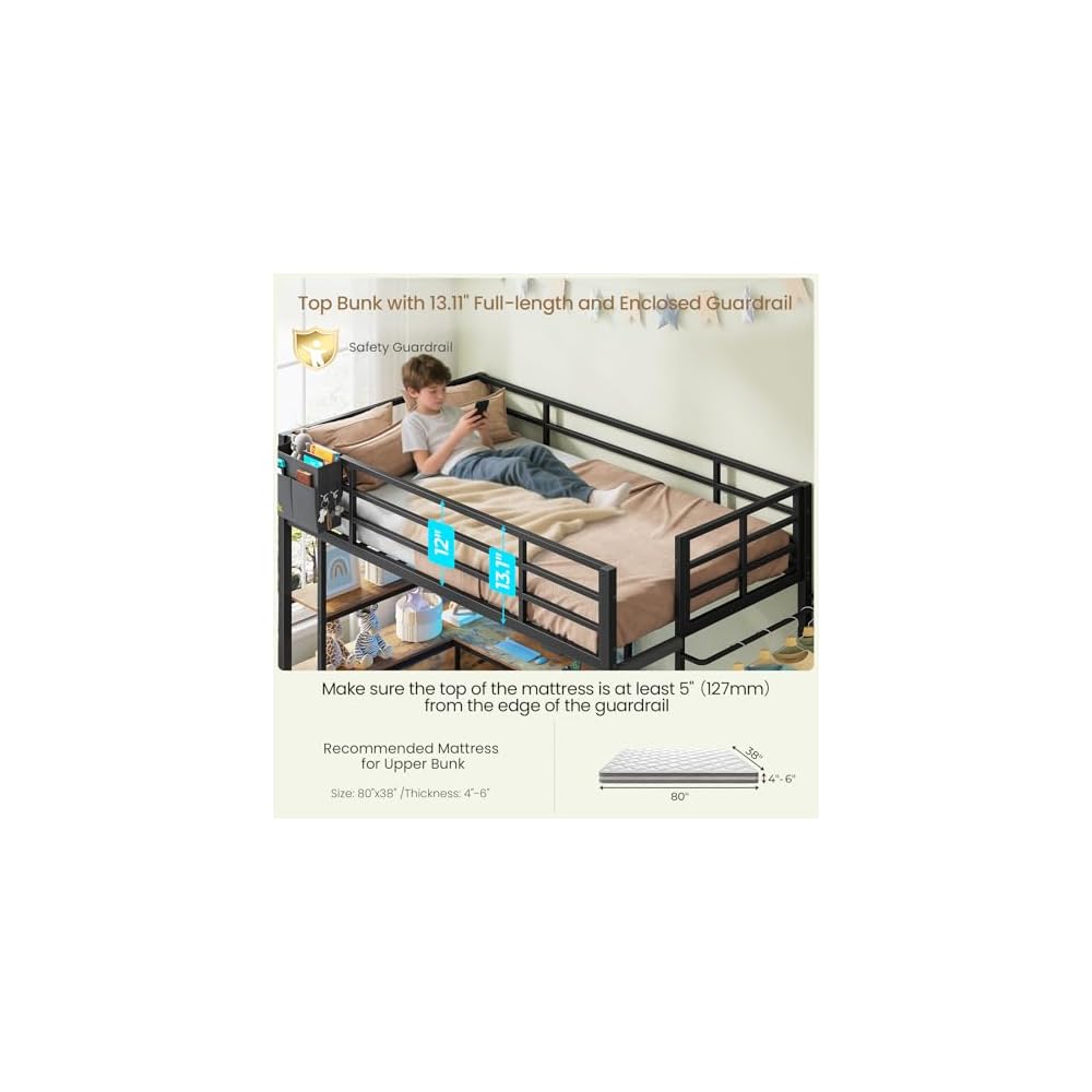 Bunk Bed Twin XL Over Twin with Desk,5 Storage Drawers and Charging Station