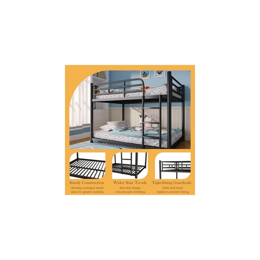 Metal Bunk Bed, Full Over Full Bunk Beds, Full Size Bunk Bed with Safety Guardrail and Ladder, Twin Bunk Beds, No Box Spring Needed, Noise Free for Apartment, Bedroom (Black)