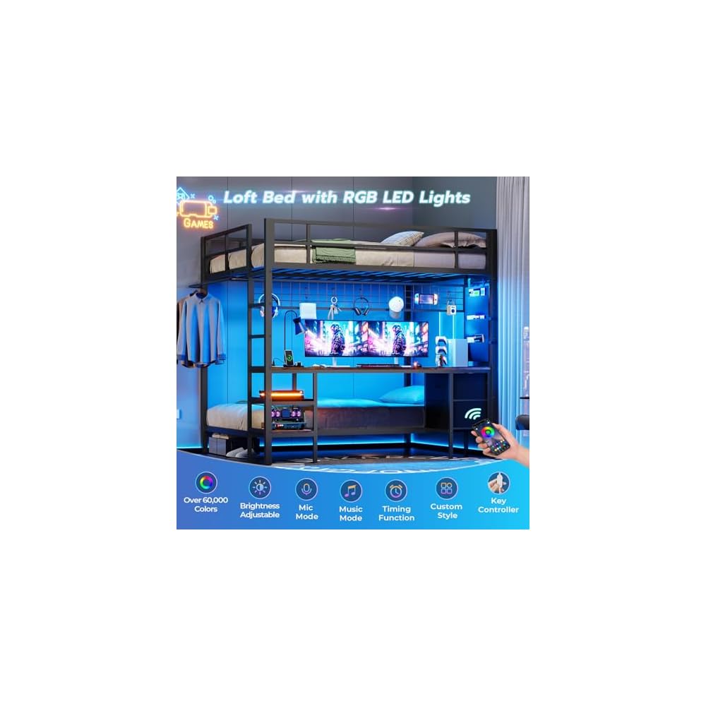 Bunk Bed Full Over Twin with Desk, Led Lights and Charging Station,Black