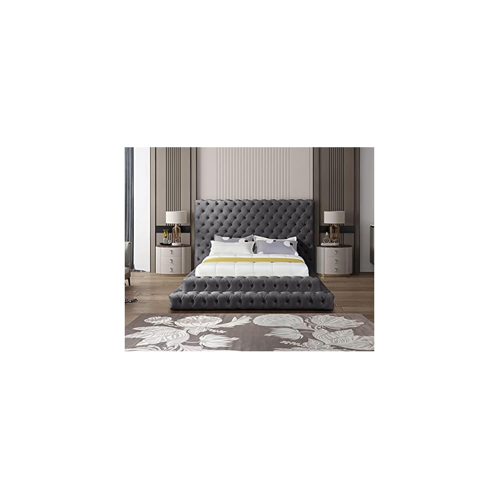 RevelGrey-Q Revel Collection Modern | Contemporary Grey Velvet Upholstered Bed with Deep Button Tufting, 85" W x 98" D x 60" H, Grey, Queen