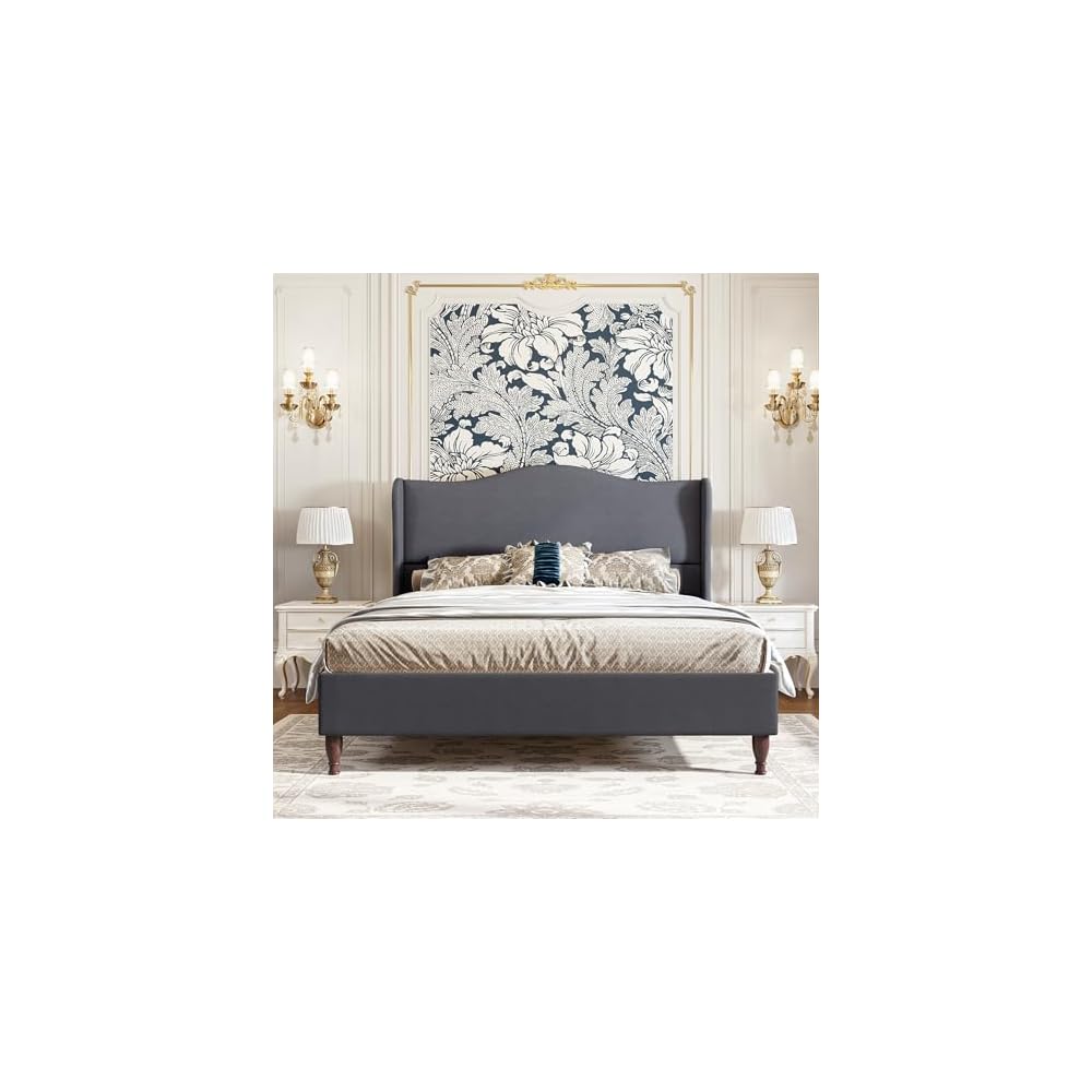 Queen Size Upholstered Bed Frame with 51'' Tall Headboard, Grey
