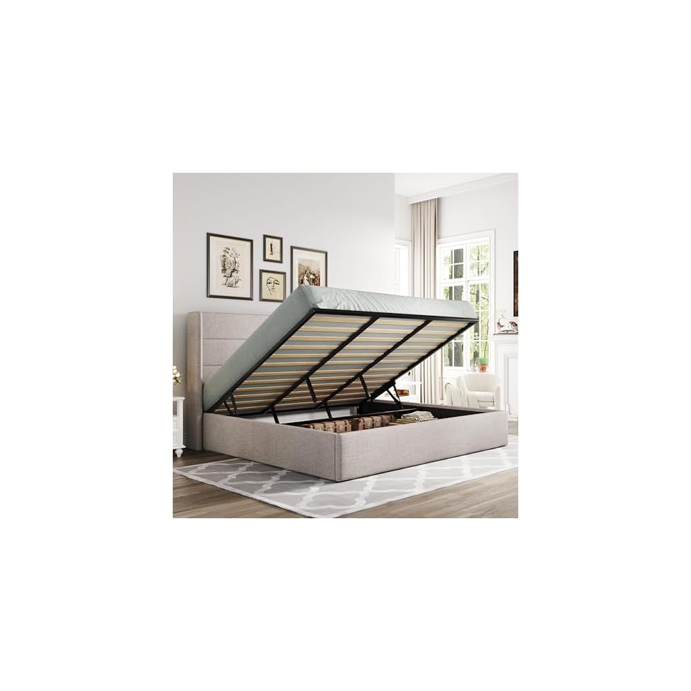 King Size Lift Up Hydraulic Storage Bed Frame Light Beige
