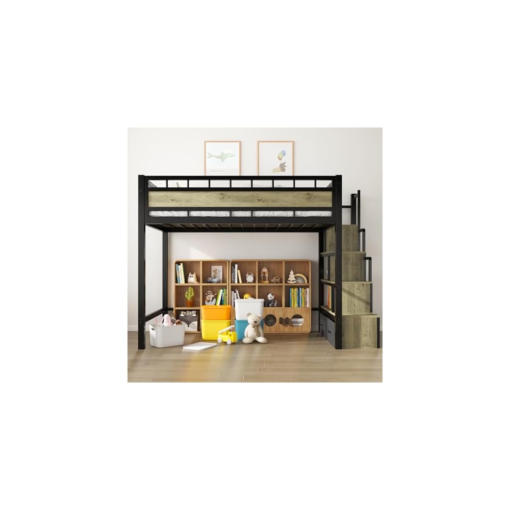 Heavy Duty Loft Bed Twin Size Bunk Bed with Storage Cabinet, Black