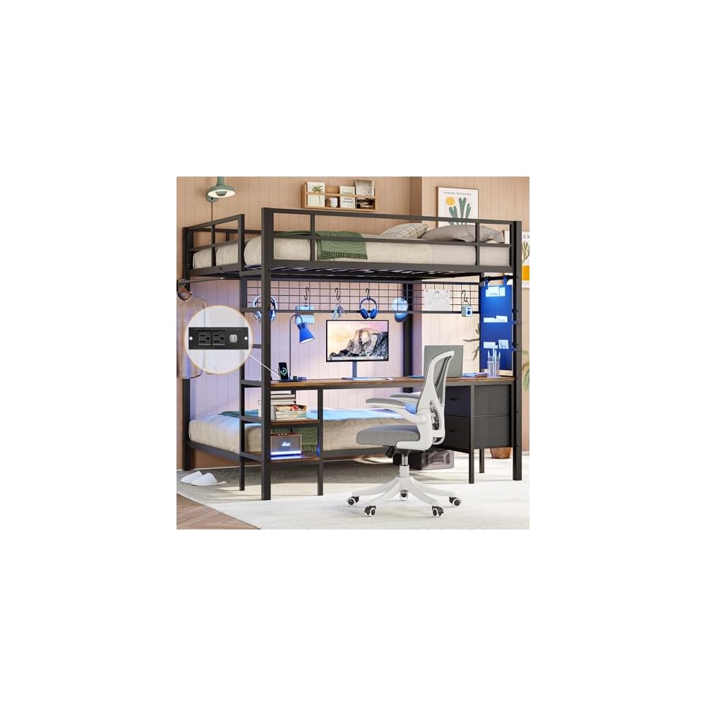 Bunk Bed Full Over Twin with Desk, Led Lights and Charging Station,Black
