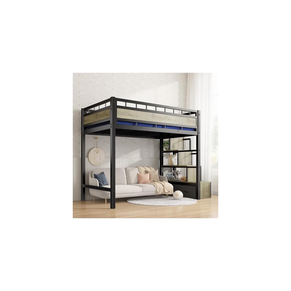 Heavy Duty Loft Bed Twin Size Bunk Bed with Storage Cabinet, Black