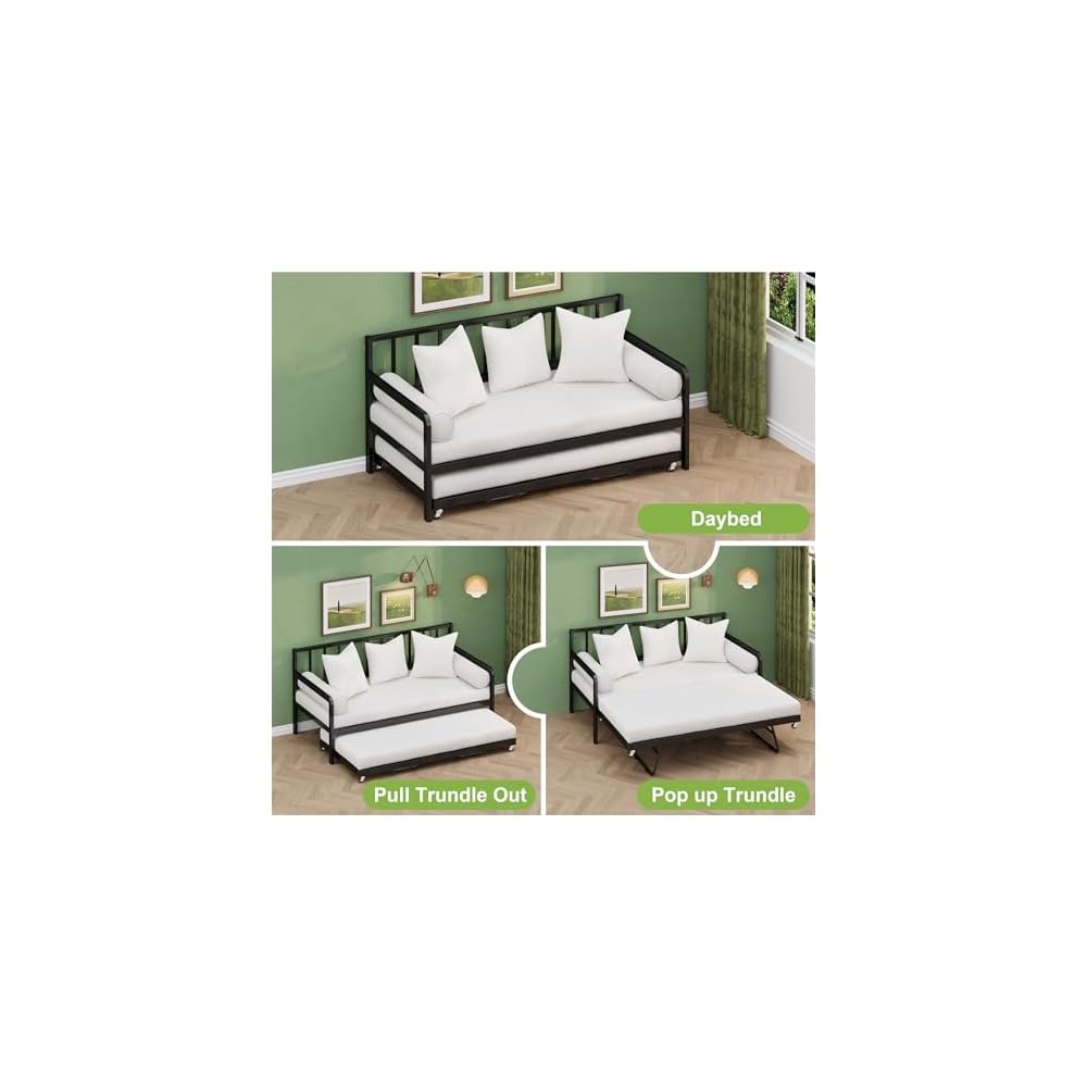 Twin Daybed with Pop Up Trundle, Metal Steel Slats, Black