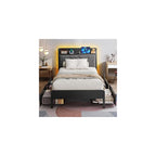 Bed Frame Twin Size with Charging Station and LED Lights, Upholstered Storage Headboard with 4 Drawers, Heavy Duty Metal Slats, Noise Free, Easy Assembly, No Box Spring Needed