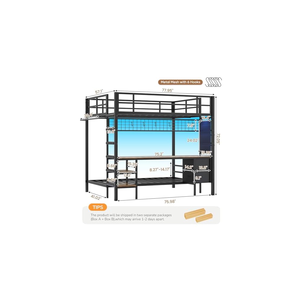 Bunk Bed Full Over Twin with Desk, Led Lights and Charging Station,Black