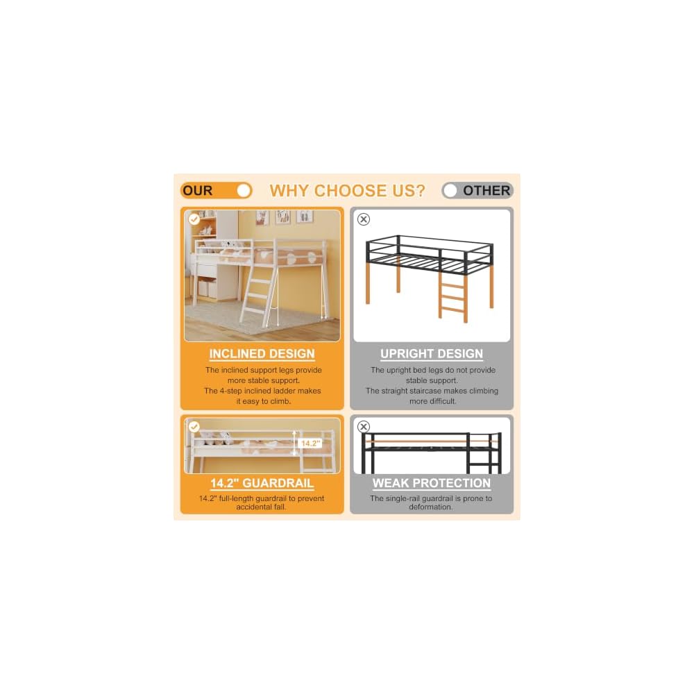 Loft Bed Twin Size with Stairs and Guard, White