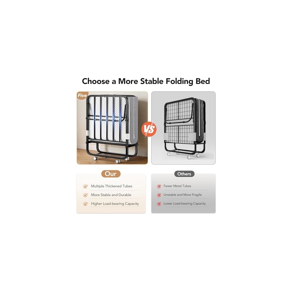 Folding Bed with Memory Foam Mattress Portable Rollaway Guest Beds on Wheels, 75"x31" Twin Size Space-Saving Cot-Size Bed for Adults with Easy Assembly Metal Frame (White)