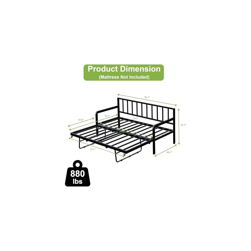 Twin Daybed with Pop Up Trundle, Metal Steel Slats, Black