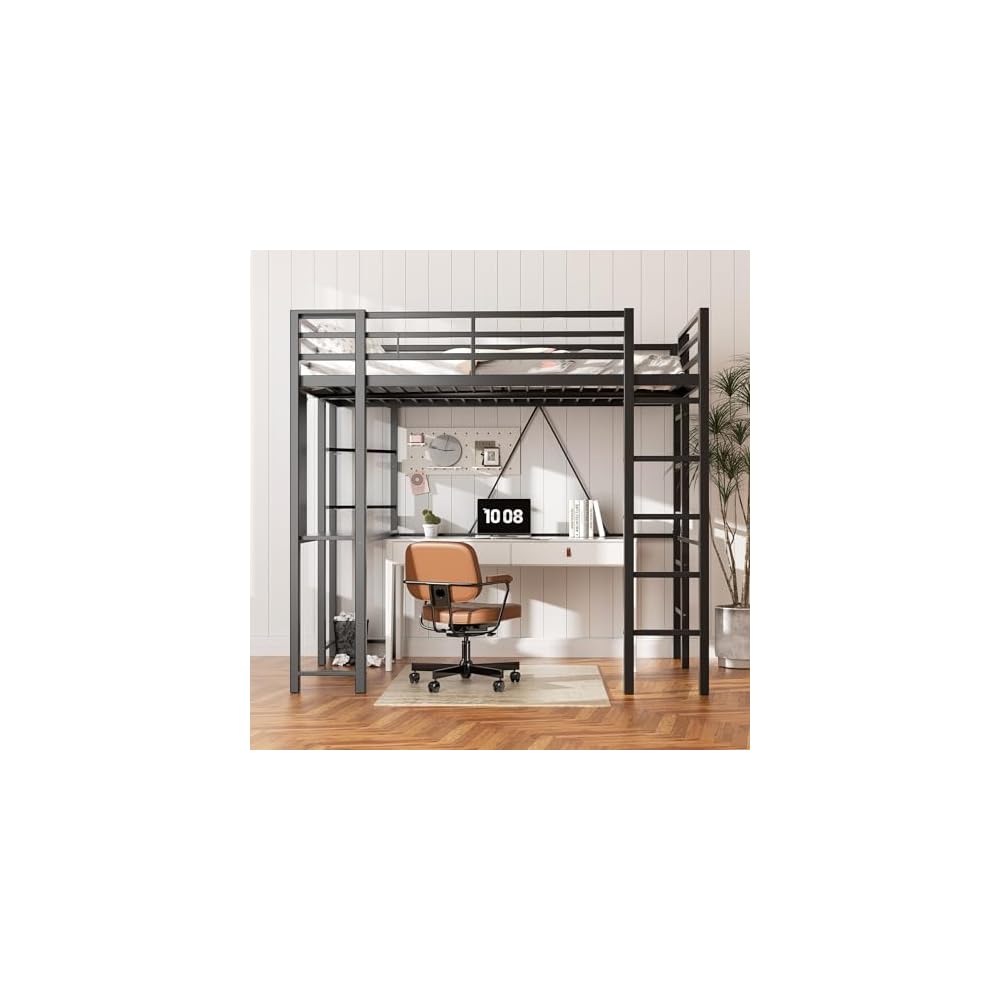 Loft Bed Full Size with Desk and Storage Shelves, Frame with 2 Side Ladders for Kids, Teens Adults, Spcace-Saving Noise-Free and Anti-tilt Design, Black
