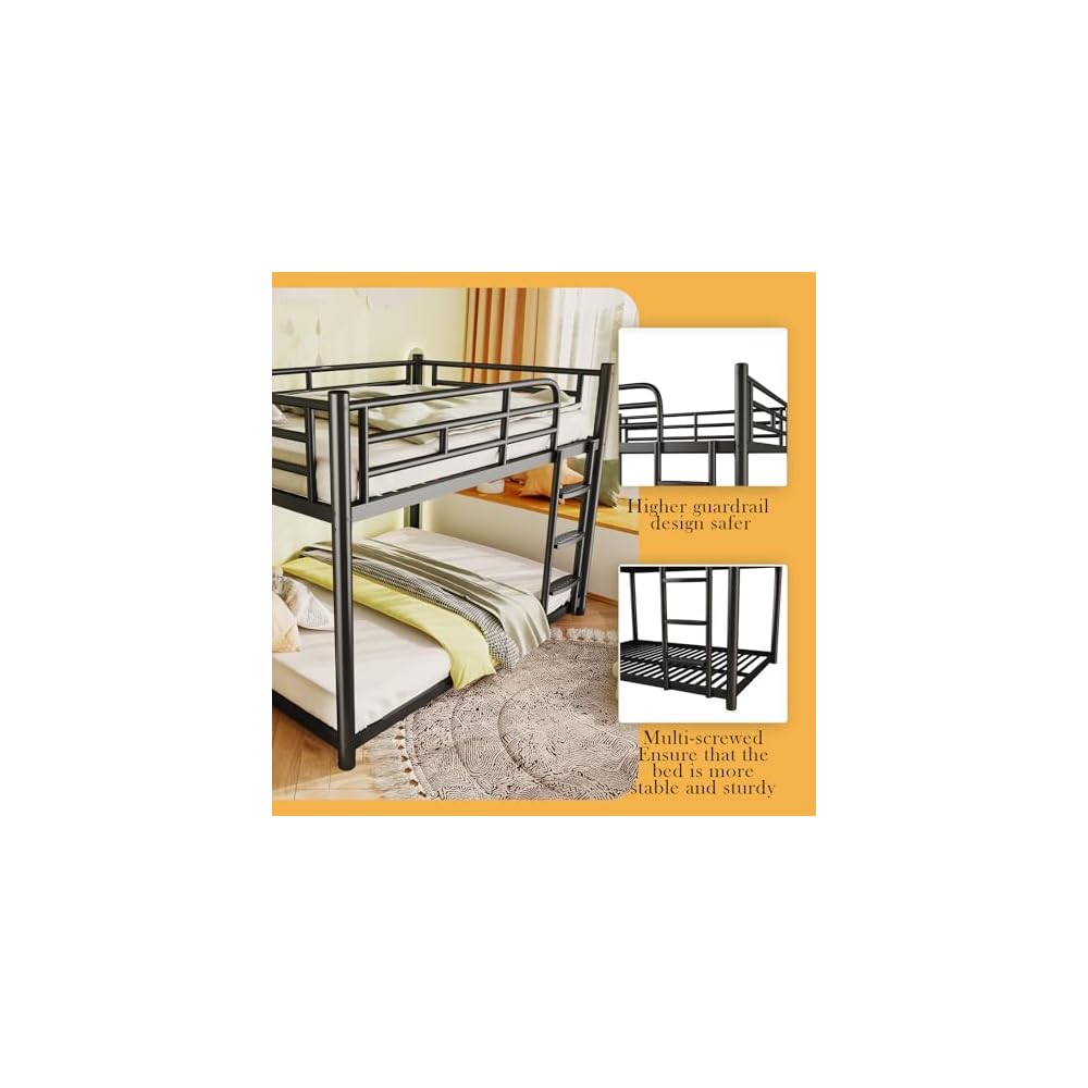 Metal Bunk Bed, Full Over Full Bunk Beds, Full Size Bunk Bed with Safety Guardrail and Ladder, Twin Bunk Beds, No Box Spring Needed, Noise Free for Apartment, Bedroom (Black)