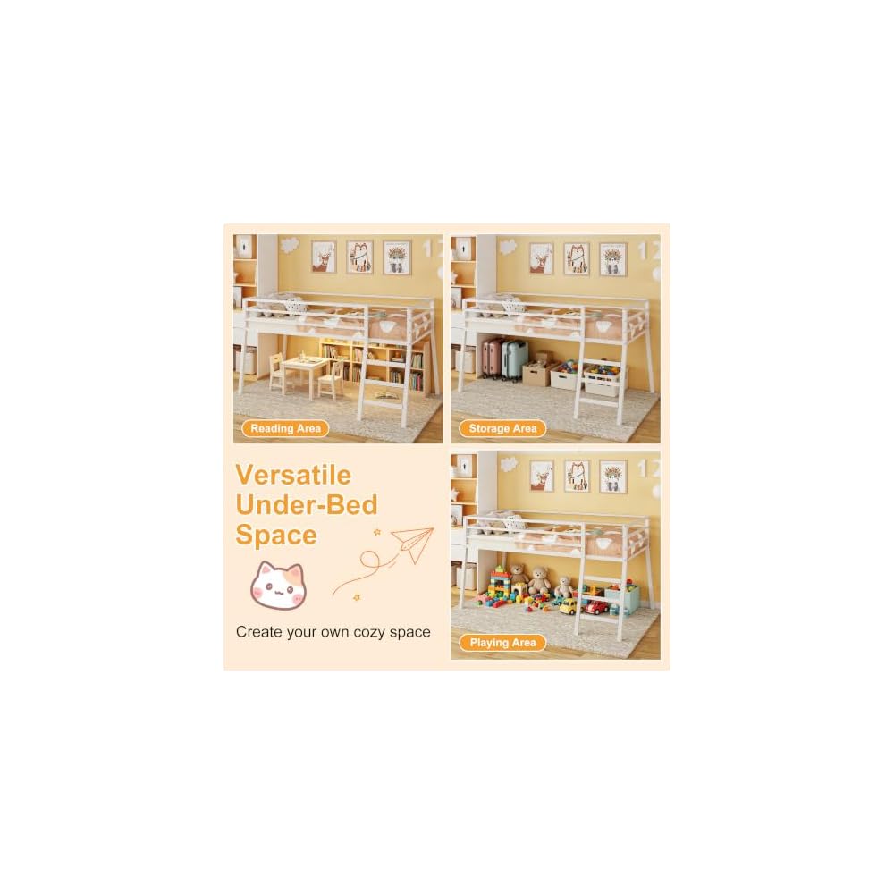 Loft Bed Twin Size with Stairs and Guard, White