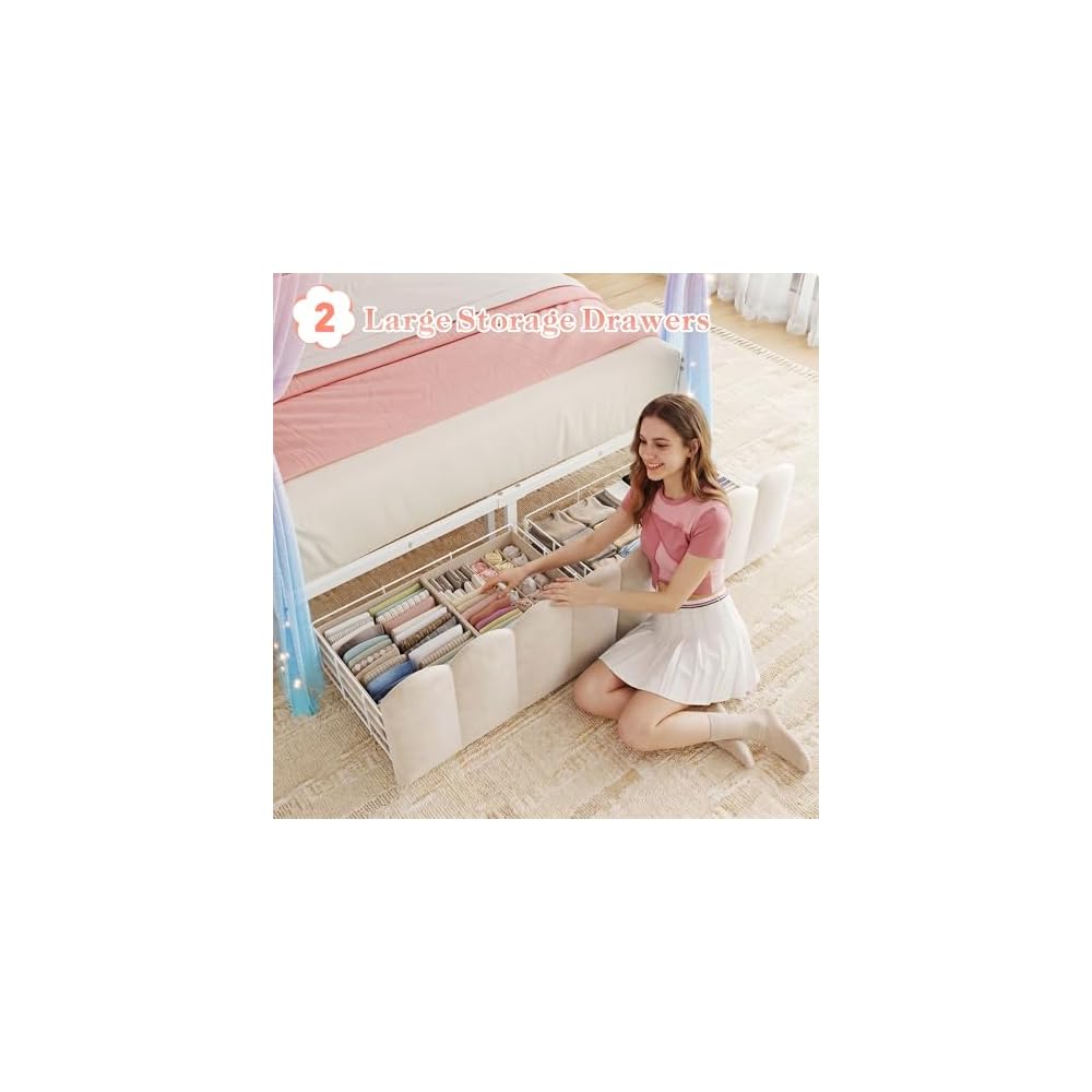 Full Canopy Bed Frame with 2 Drawers & LED & Charging,White