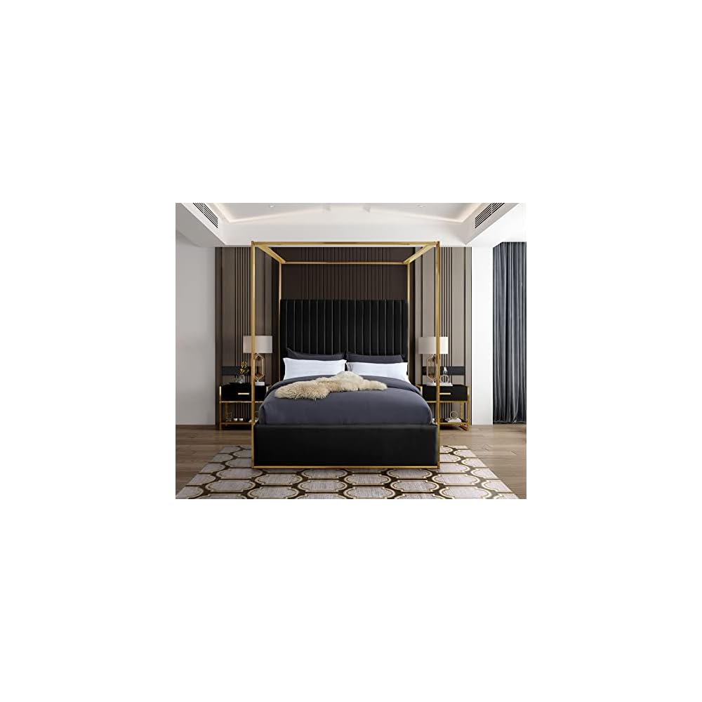 JonesBlack-Q Jones Collection Modern | Contemporary Upholstered Queen Bed, Black Velvet, Channel Tufting, Brushed Brass Frame, 66.5" W x 86.5" D x 79" H, Black, Queen