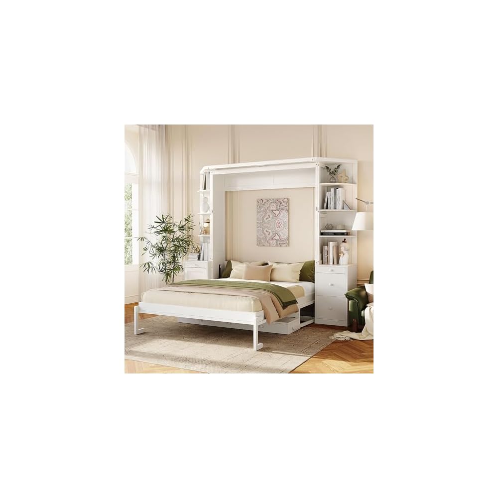 Queen Murphy Bed with Storage Shelves and Desk,Cabinets,Lights,White