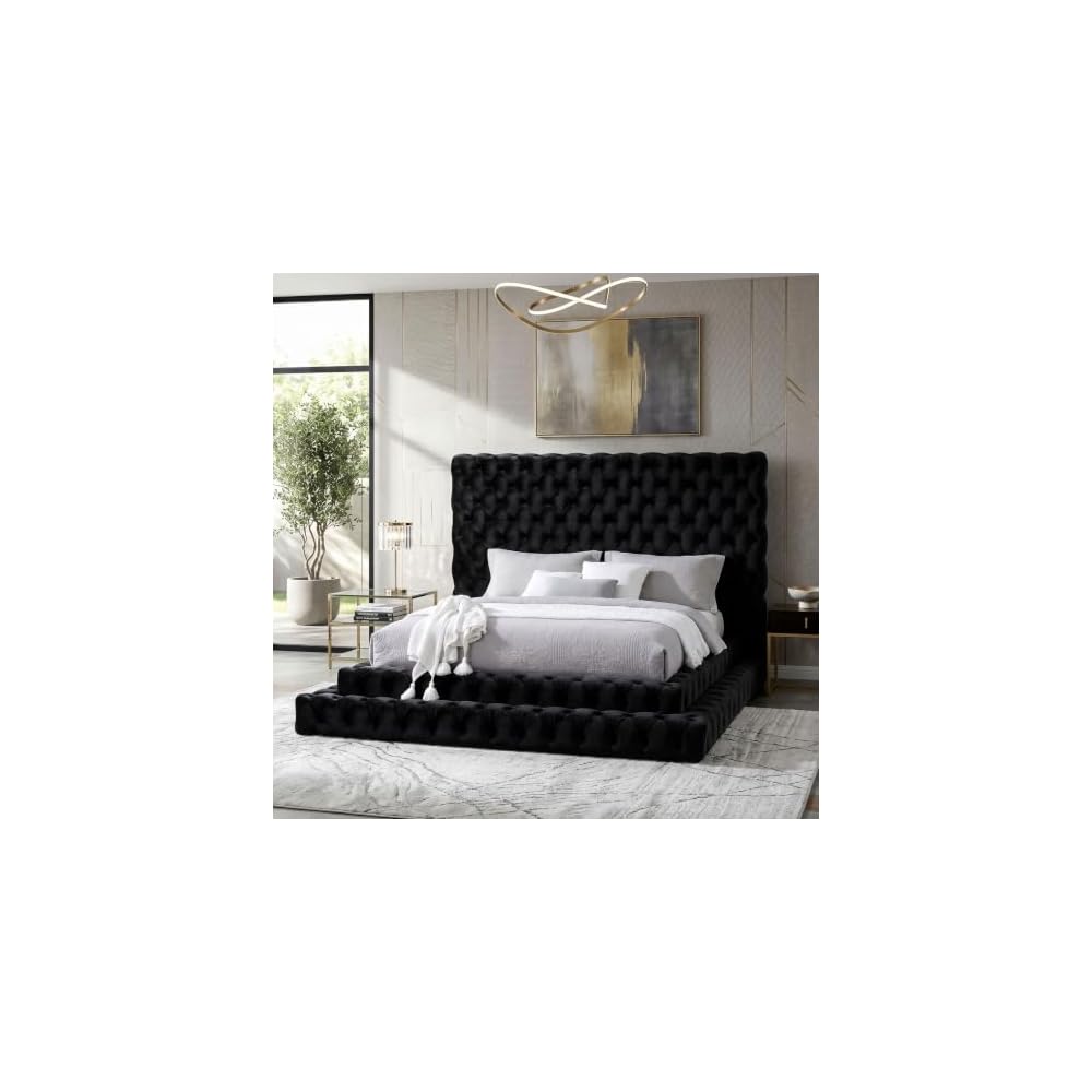 Sable Fabric Upholstered Step Up King-Size Platform Bed with Oversized Headboard, Deep Button Tufting, No Box Spring Required for Bedroom, Guest Room, Black