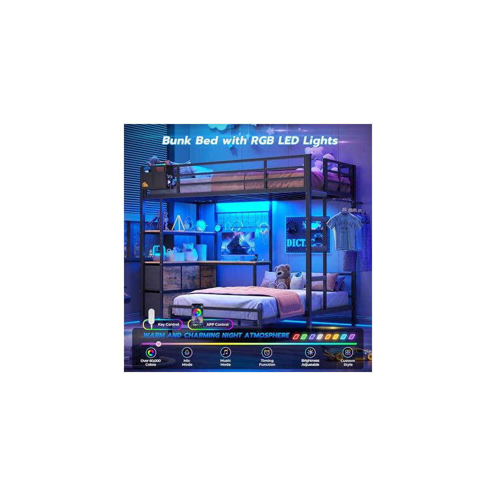 Bunk Bed Twin XL Over Twin with Desk,5 Storage Drawers and Charging Station