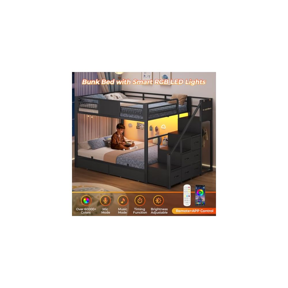 Bunk Bed Full Over Full with Stairs, Storage Drawers and LED Lights