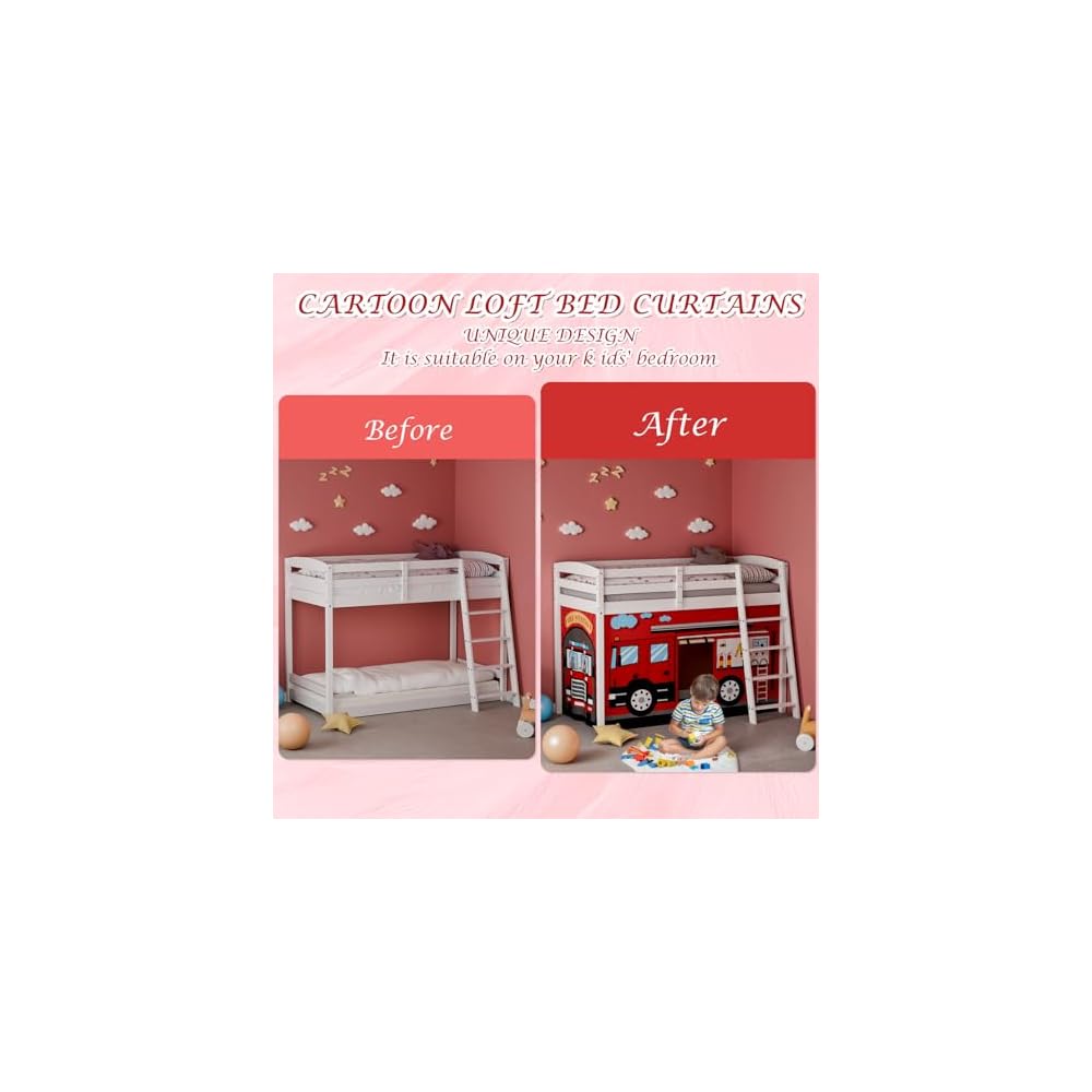 Fire-Truck Bunk Bed Curtains 45H Loft Bed Curtain, Twins