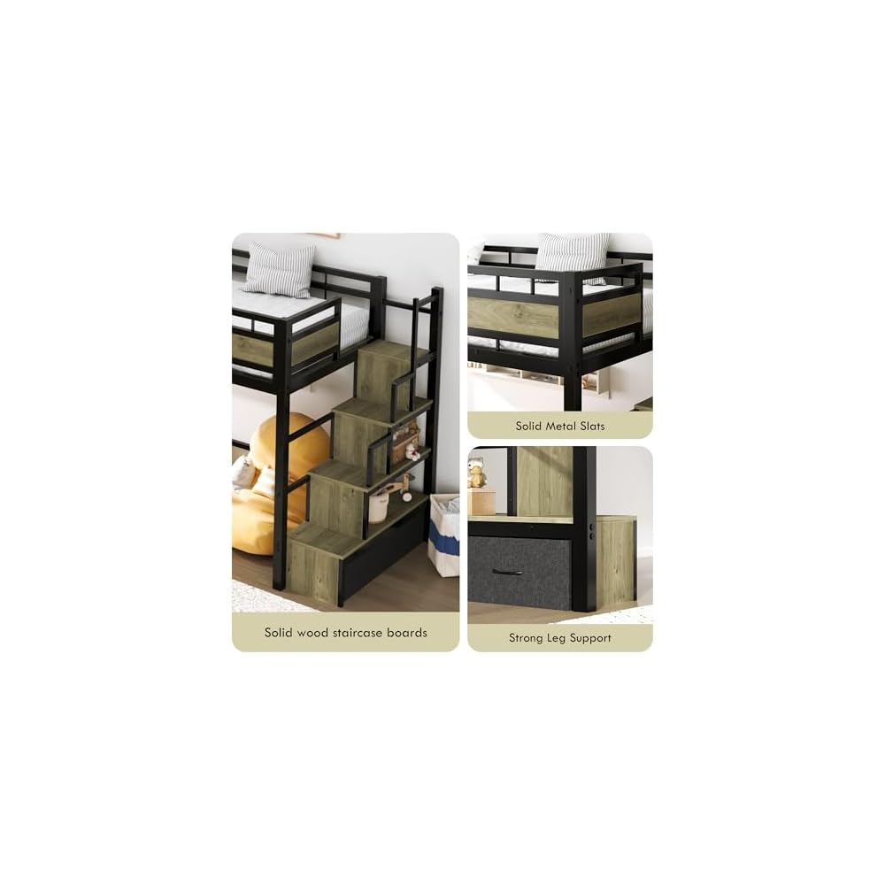 Heavy Duty Loft Bed Twin Size Bunk Bed with Storage Cabinet, Black