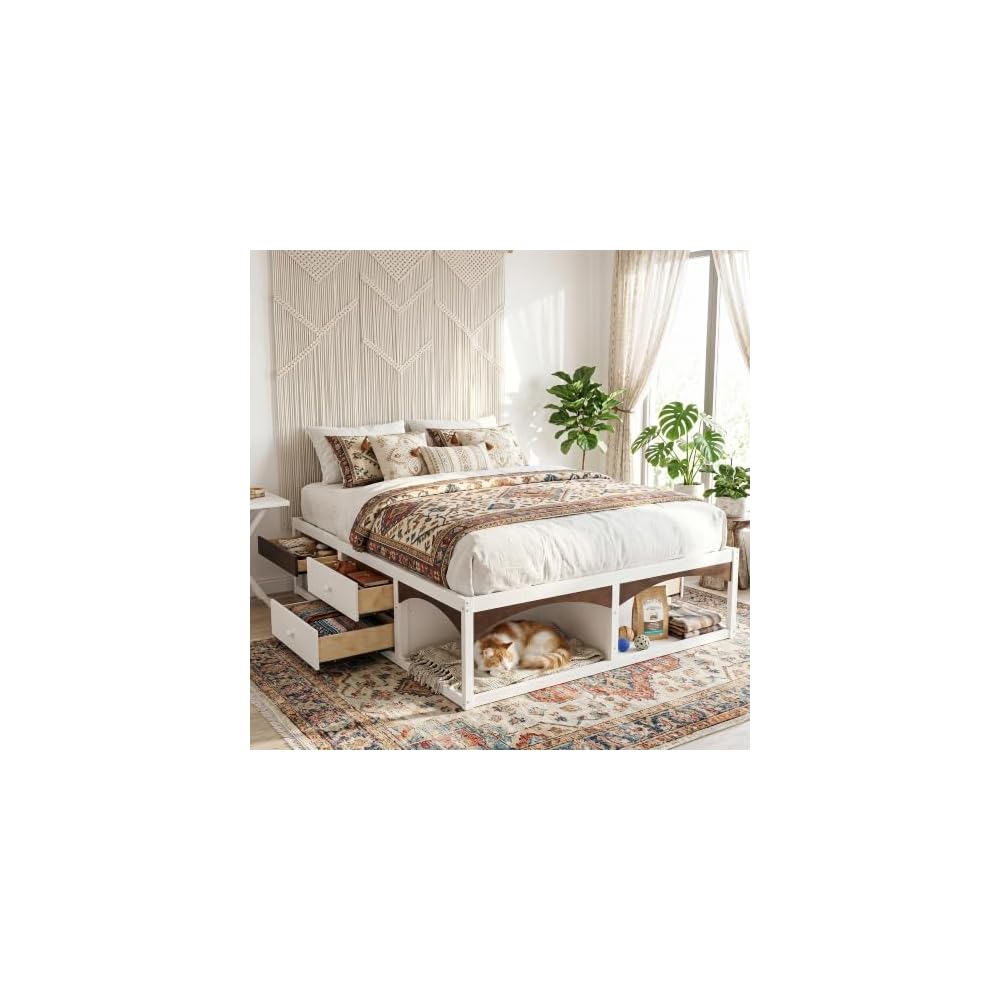 Pet-Friendly Platform Bed Frame, No Headboard Platform Bed, with Storage Drawers, Pet-Friendly Design, King Size, White