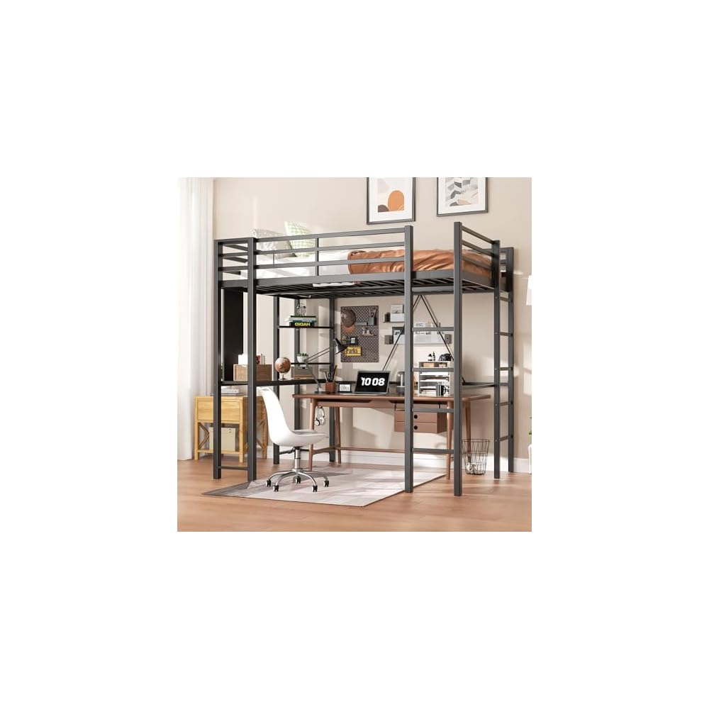 Loft Bed Full Size with Desk and Storage Shelves, Frame with 2 Side Ladders for Kids, Teens Adults, Spcace-Saving Noise-Free and Anti-tilt Design, Black