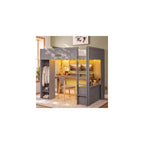 Full Size Wood Loft Bed with L-Shaped Desk, Storage Cabinet, Gray