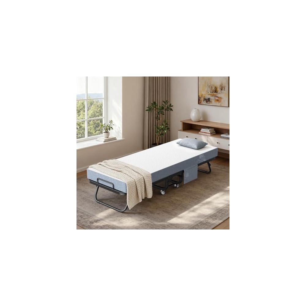 75" x 31" Folding Bed with Mattress, Portable Guest Beds with 5" Memory Foam Mattress, Foldable Sturdy Metal Frame Single Bed with Wheels, Rollaway Bed for Bedroom, Office, Space-Saving