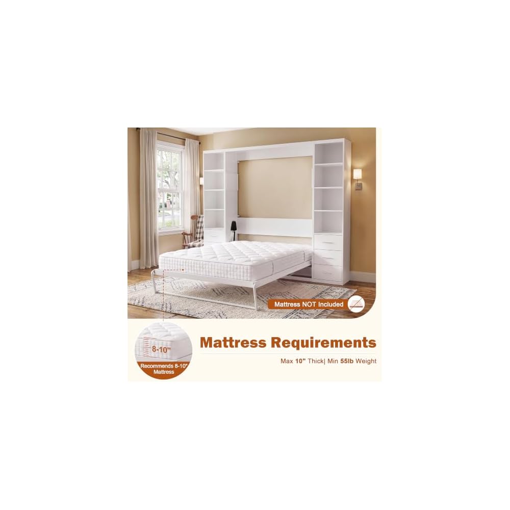Queen Murphy Bed with 2 Bookcase, Space-Saving Wall Bed, White